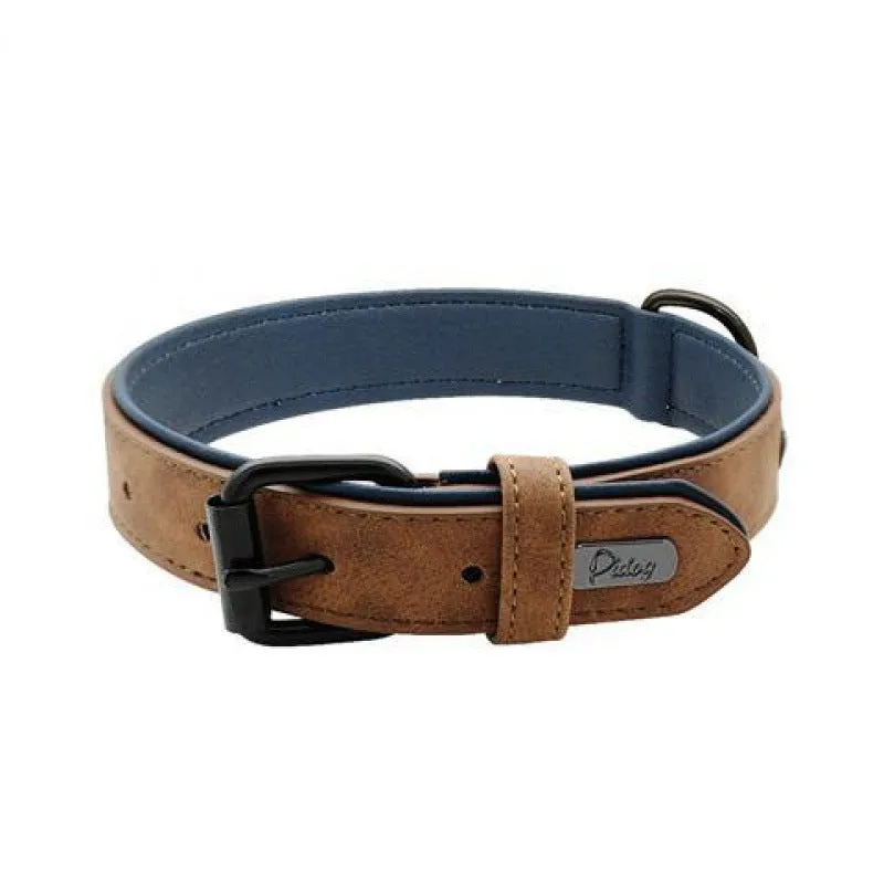 Adjustable dog collar showing double-layer construction with PU front and microfiber back in multiple colour options