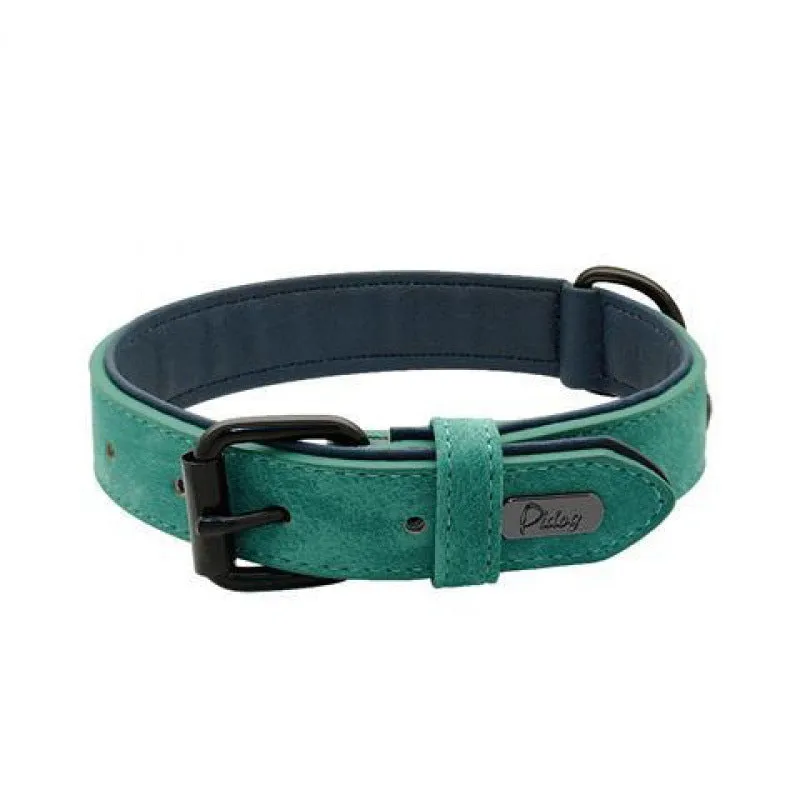 Adjustable dog collar showing double-layer construction with PU front and microfiber back in multiple colour options