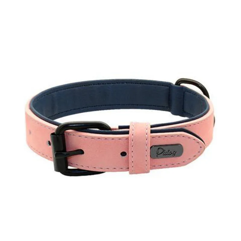 Adjustable dog collar showing double-layer construction with PU front and microfiber back in multiple colour options