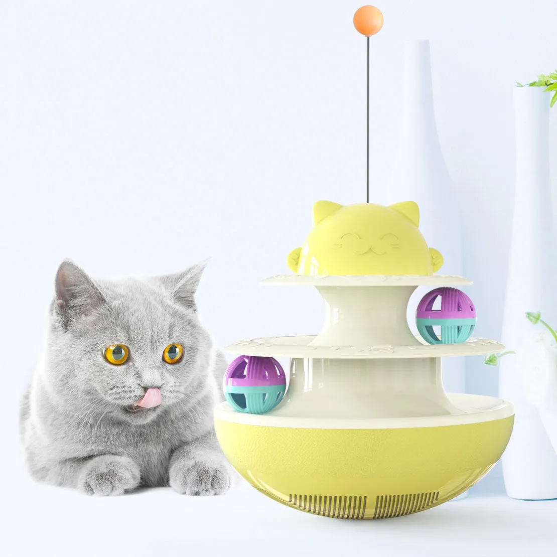 Cat track toy with plastic track and ball in lake blue, yellow, and green colour options