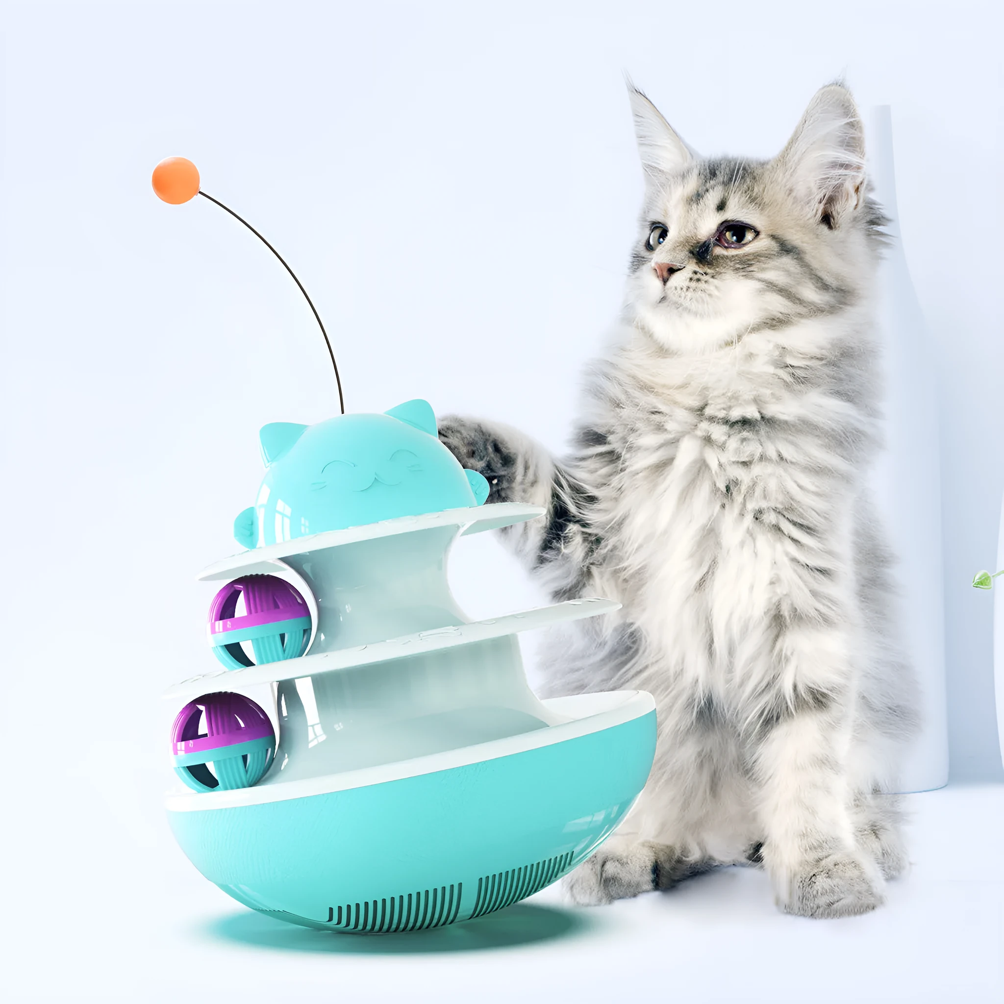 Cat track toy with plastic track and ball in lake blue, yellow, and green colour options