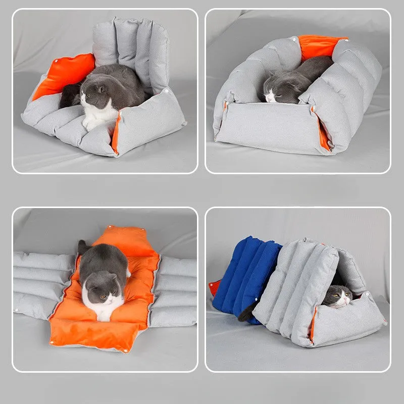 Blue triangular cat bed with raised sides and visible connection holes on a wooden floor.