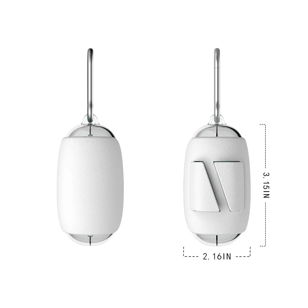 White and grey space capsule dog poop bag dispenser clipped to a leash with translucent ends showing bags inside