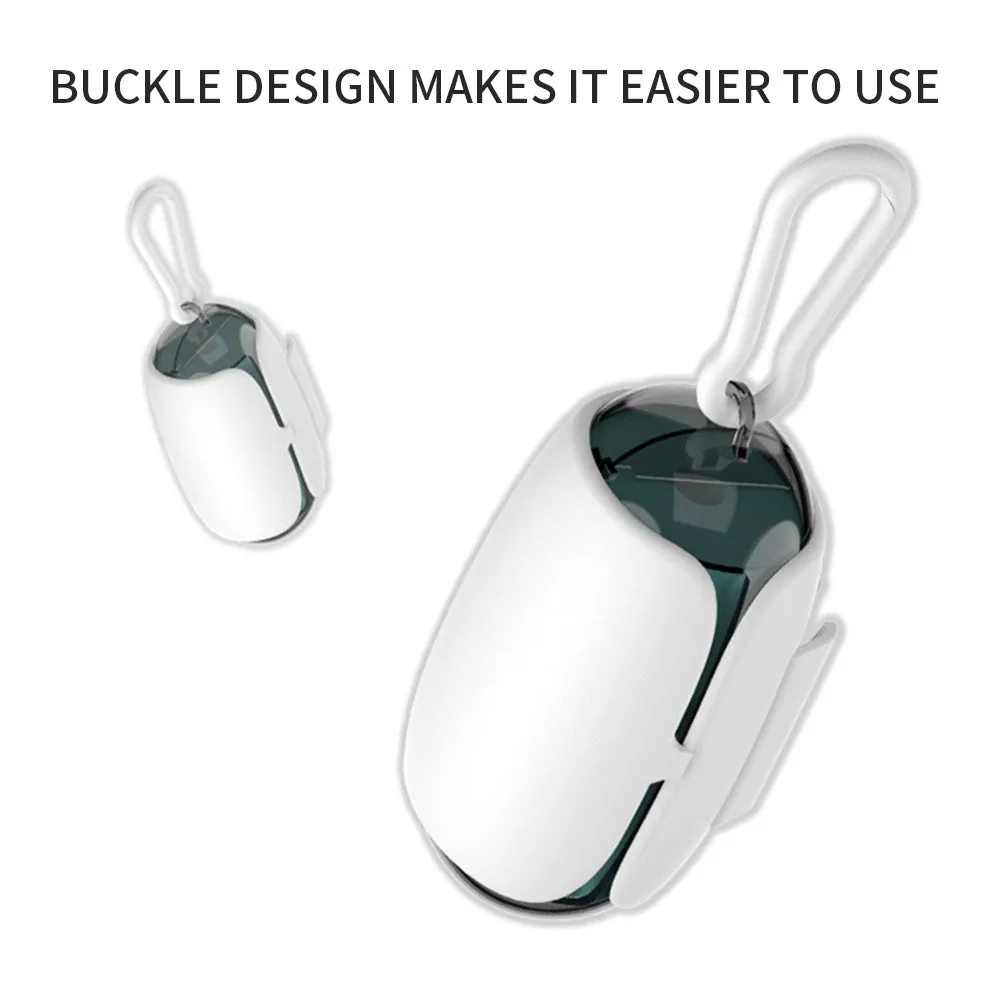 White and grey space capsule dog poop bag dispenser clipped to a leash with translucent ends showing bags inside