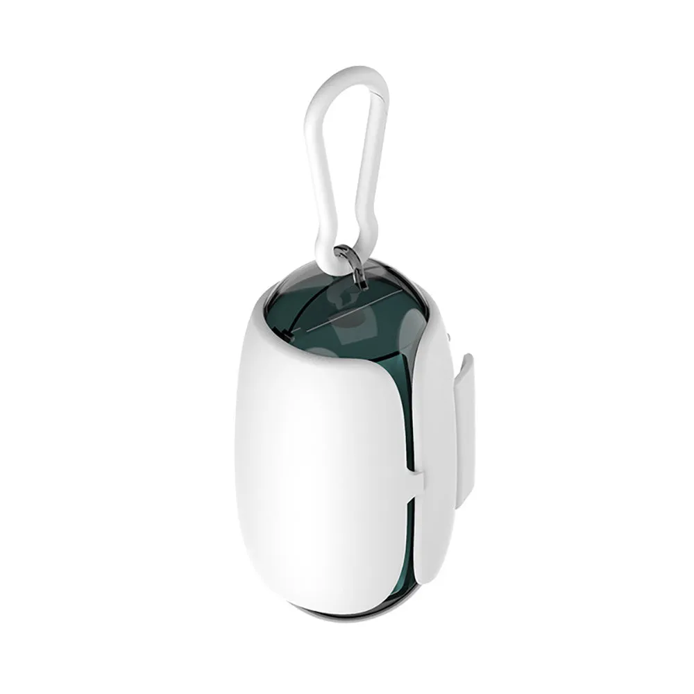 White and grey space capsule dog poop bag dispenser clipped to a leash with translucent ends showing bags inside