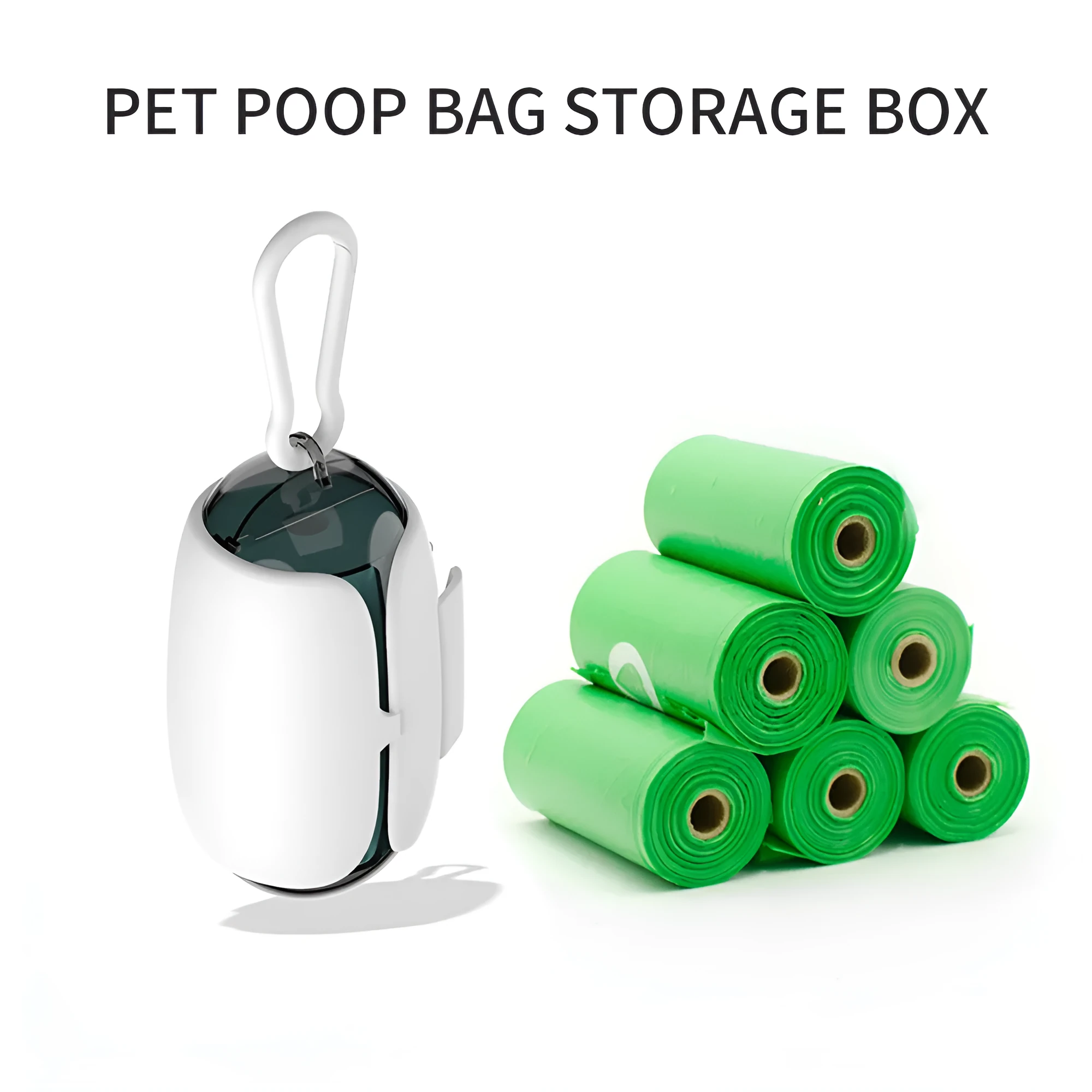 White and grey space capsule dog poop bag dispenser clipped to a leash with translucent ends showing bags inside