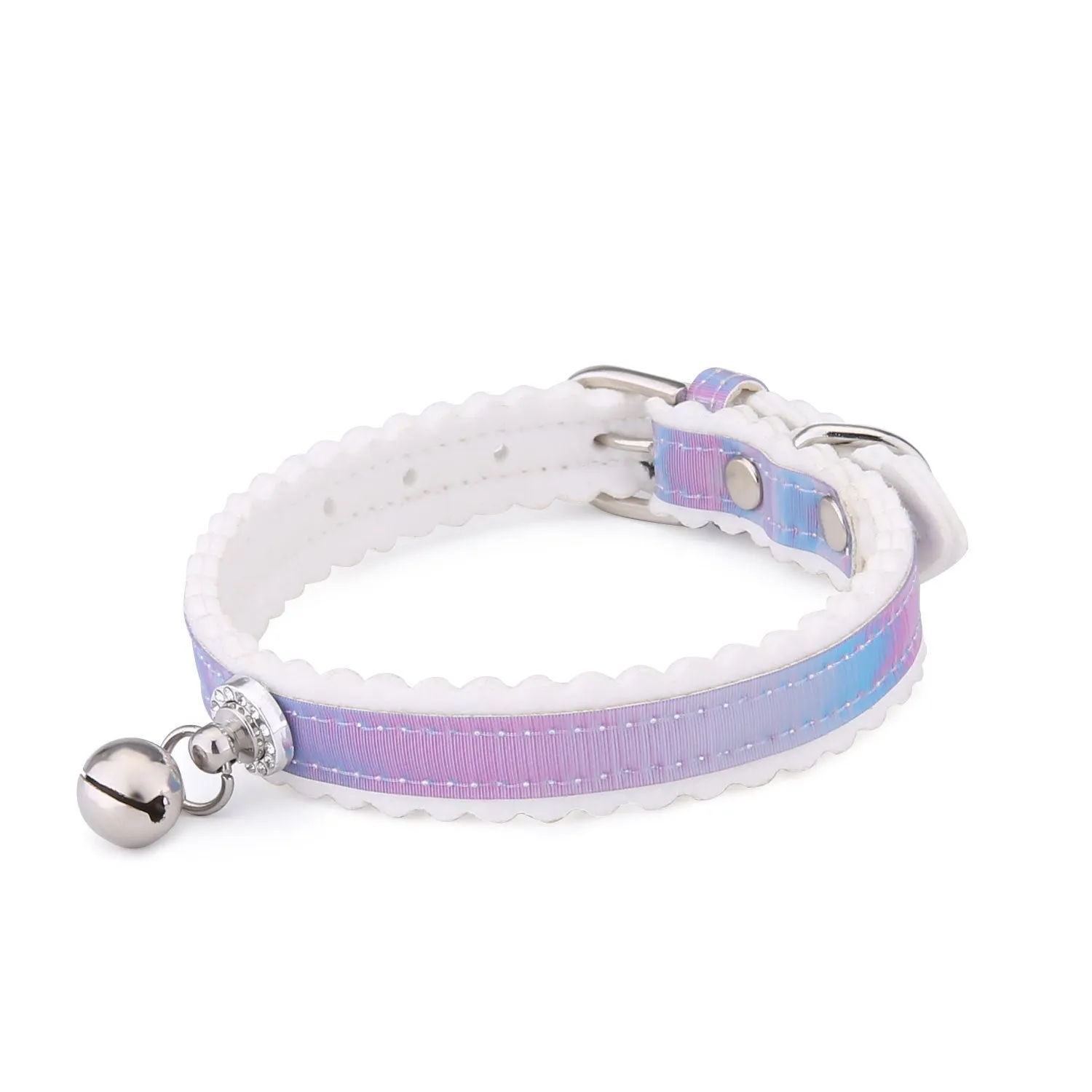 Gradient colour PU pet collar with silver bell on a white background, free size for cats and small dogs