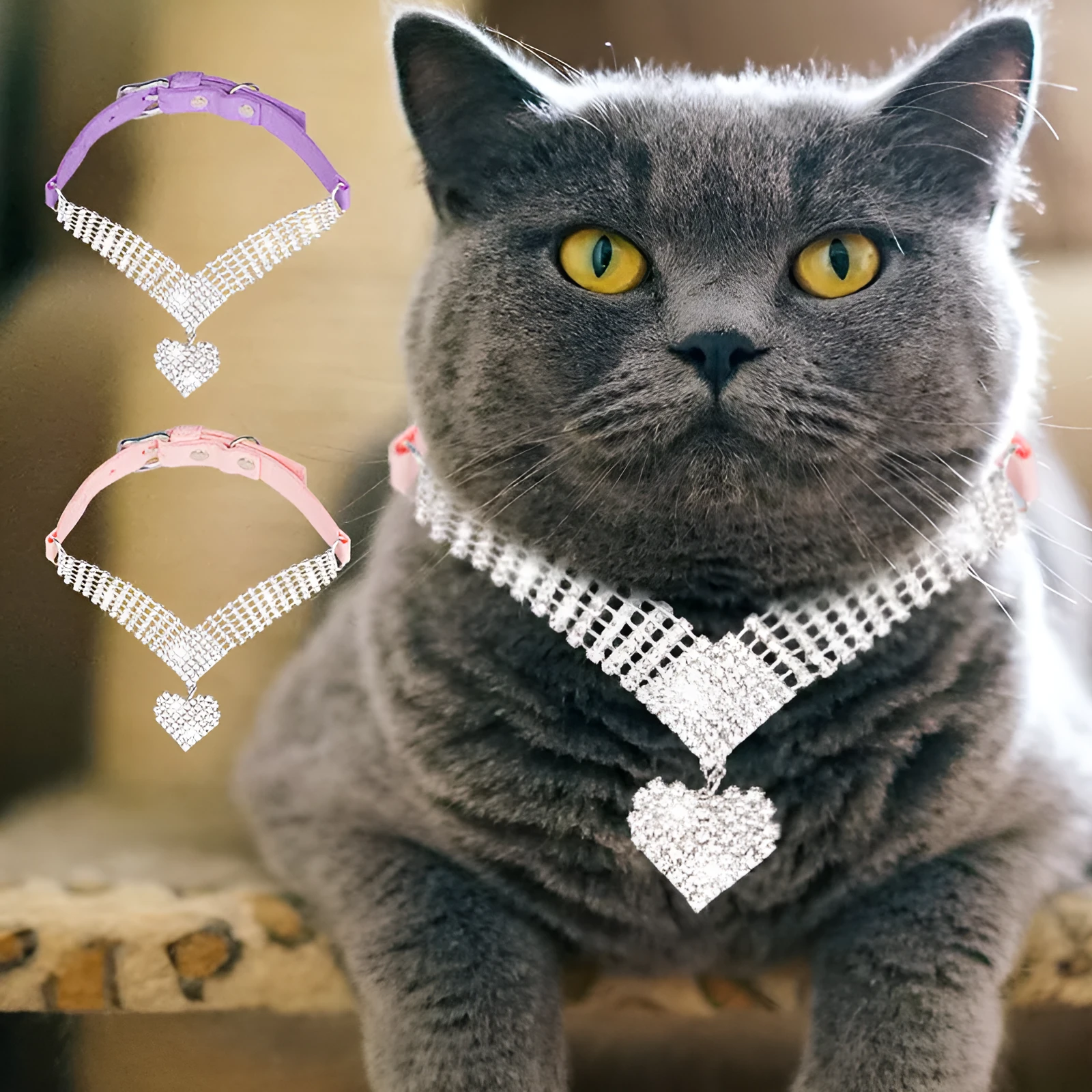 Pink suede cat collar with love-shaped rhinestone diamond, adjustable buckle, 37x1.5cm size