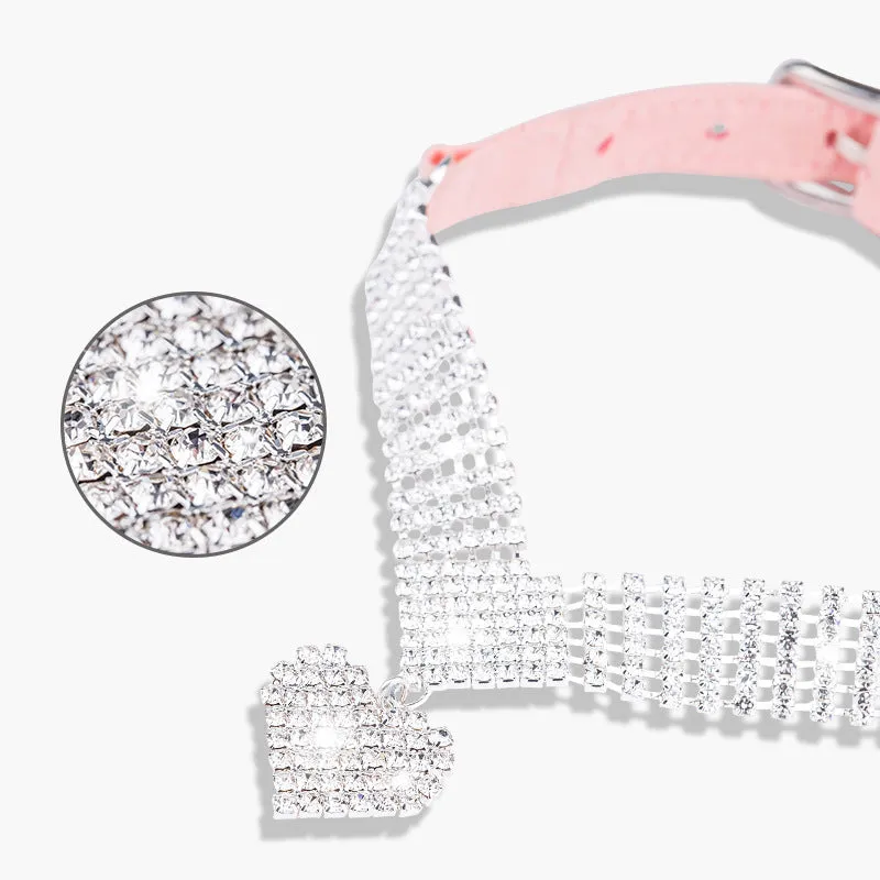 Pink suede cat collar with love-shaped rhinestone diamond, adjustable buckle, 37x1.5cm size