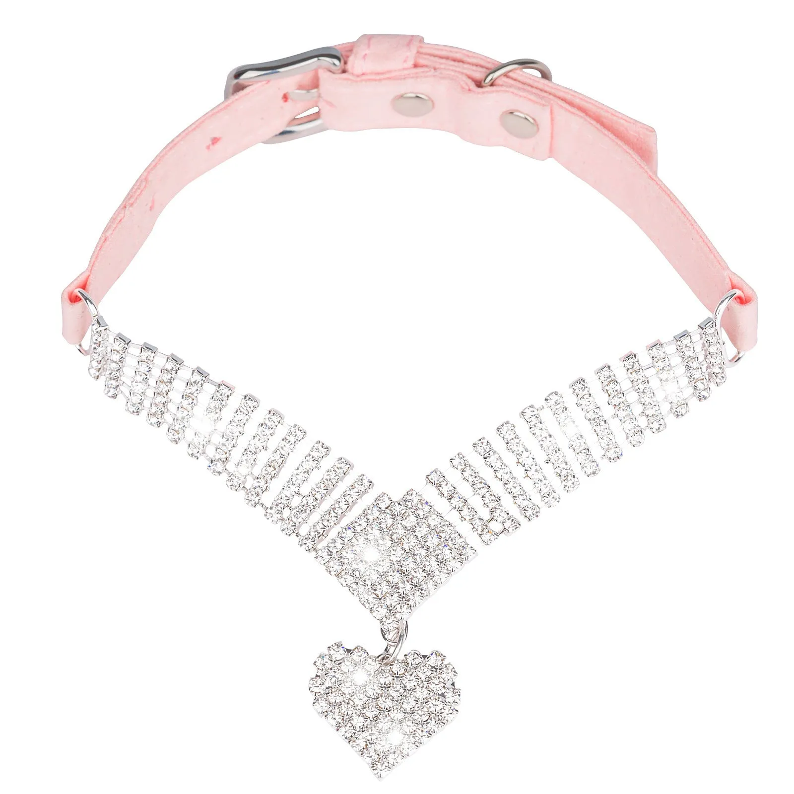 Pink suede cat collar with love-shaped rhinestone diamond, adjustable buckle, 37x1.5cm size