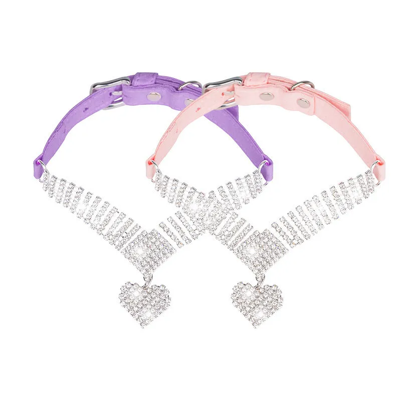 Pink suede cat collar with love-shaped rhinestone diamond, adjustable buckle, 37x1.5cm size