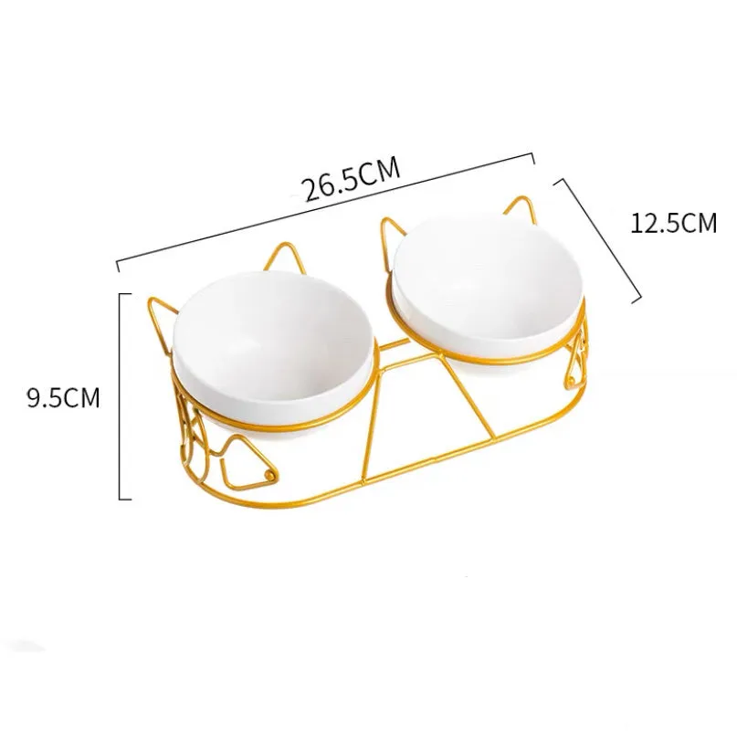 White ceramic double bowl with golden cat ear oblique mouth stand for cats and small dogs
