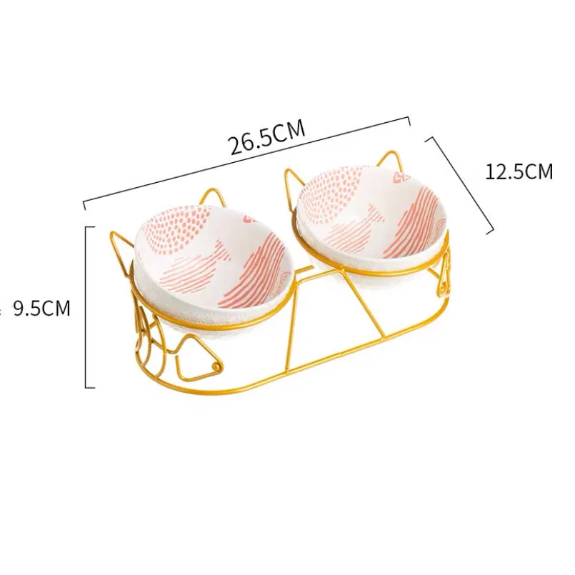 White ceramic double bowl with golden cat ear oblique mouth stand for cats and small dogs