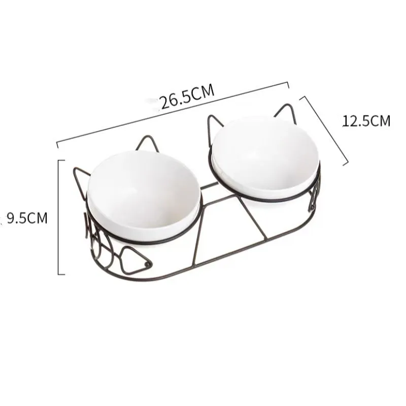 White ceramic double bowl with golden cat ear oblique mouth stand for cats and small dogs