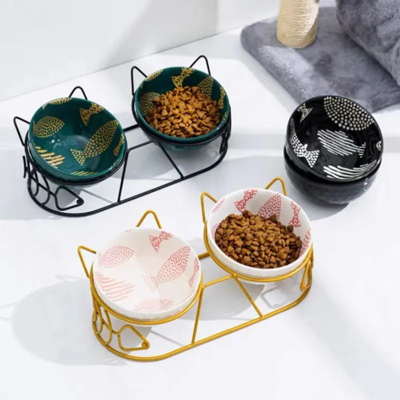 White ceramic double bowl with golden cat ear oblique mouth stand for cats and small dogs