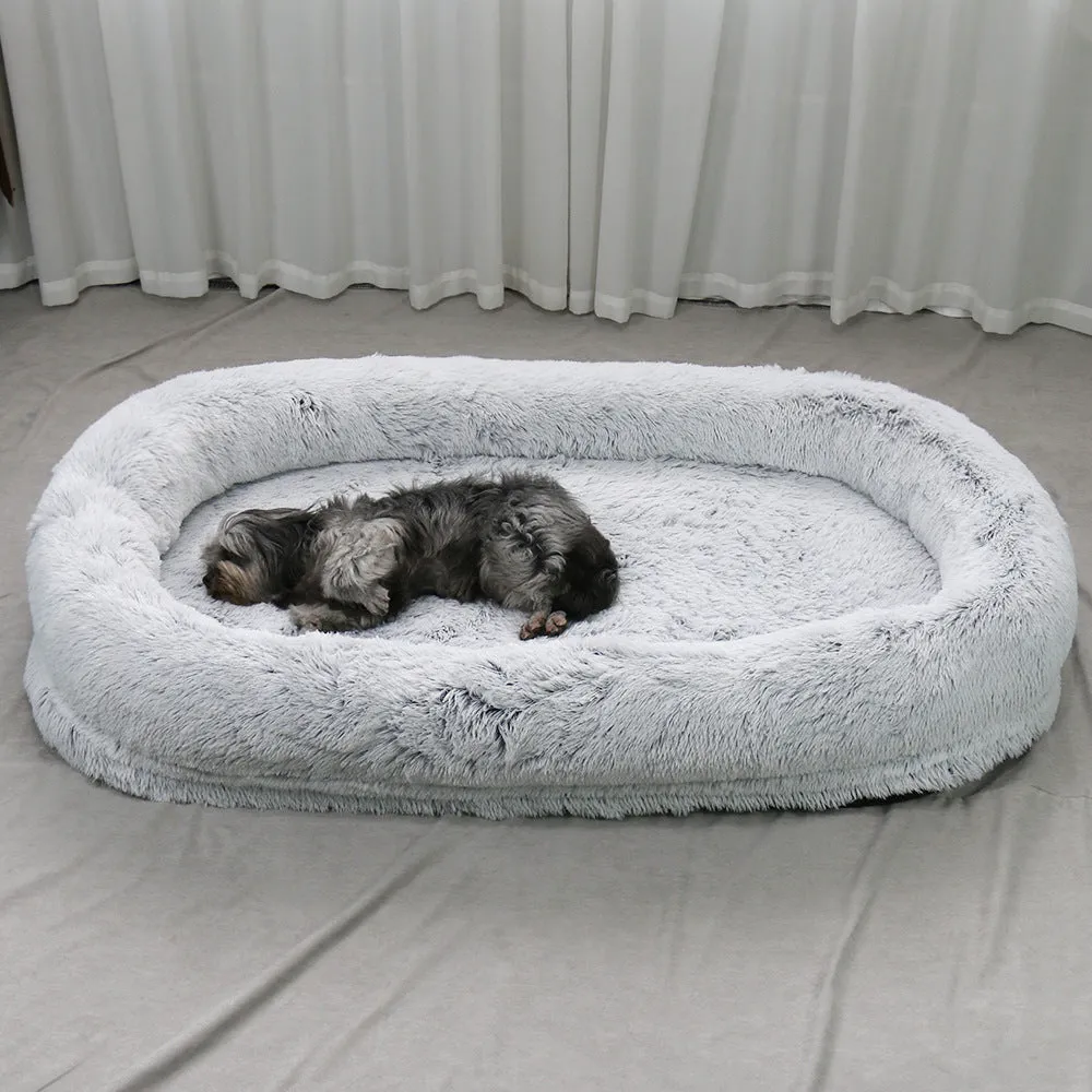 Plush round grey dog pad 160x90x30cm sponge filling winter warm pet nest