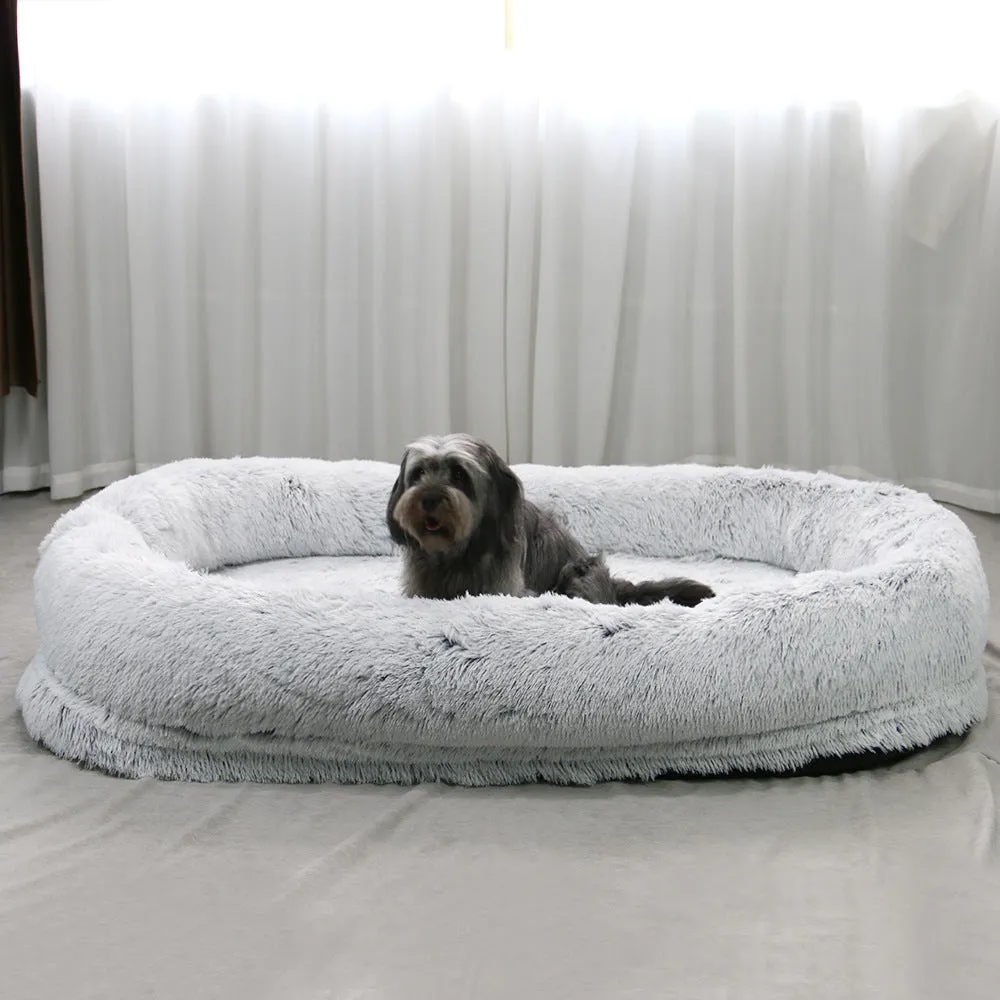 Plush round grey dog pad 160x90x30cm sponge filling winter warm pet nest