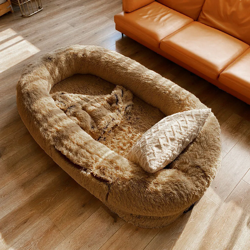 Plush round grey dog pad 160x90x30cm sponge filling winter warm pet nest
