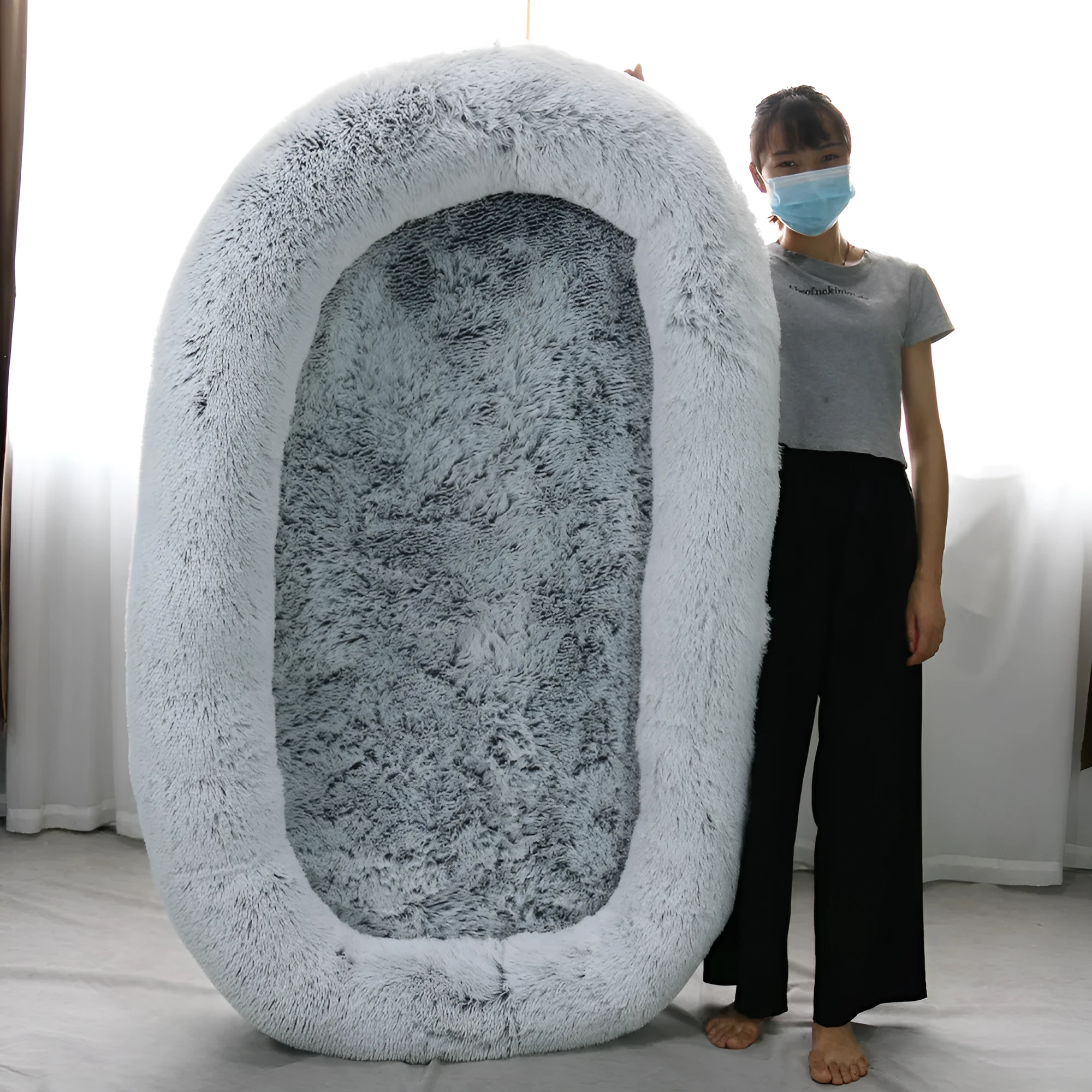 Plush round grey dog pad 160x90x30cm sponge filling winter warm pet nest