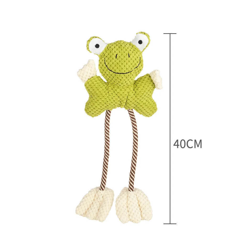 Bite-resistant pet vocal toy plush with squeaker in corduroy and cotton rope, available in Crooked Neck, Fawn, and Frog colours