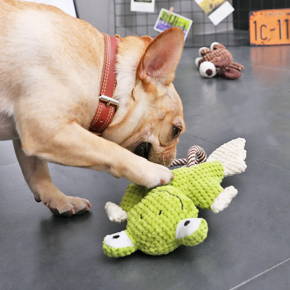 Bite-resistant pet vocal toy plush with squeaker in corduroy and cotton rope, available in Crooked Neck, Fawn, and Frog colours