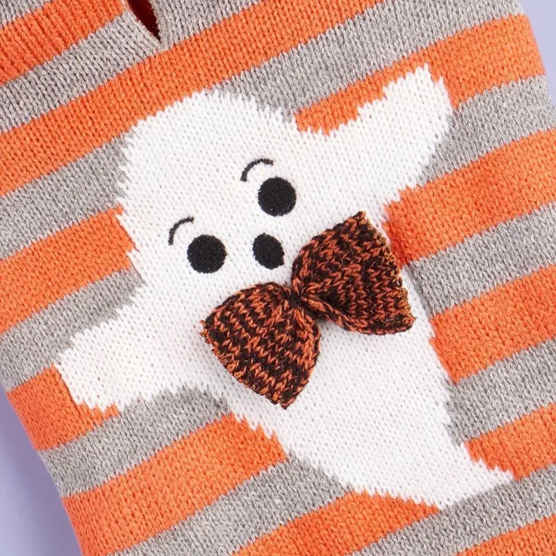 Orange striped knitted pet Halloween sweater with a hood and fur ball decoration for dogs and cats.