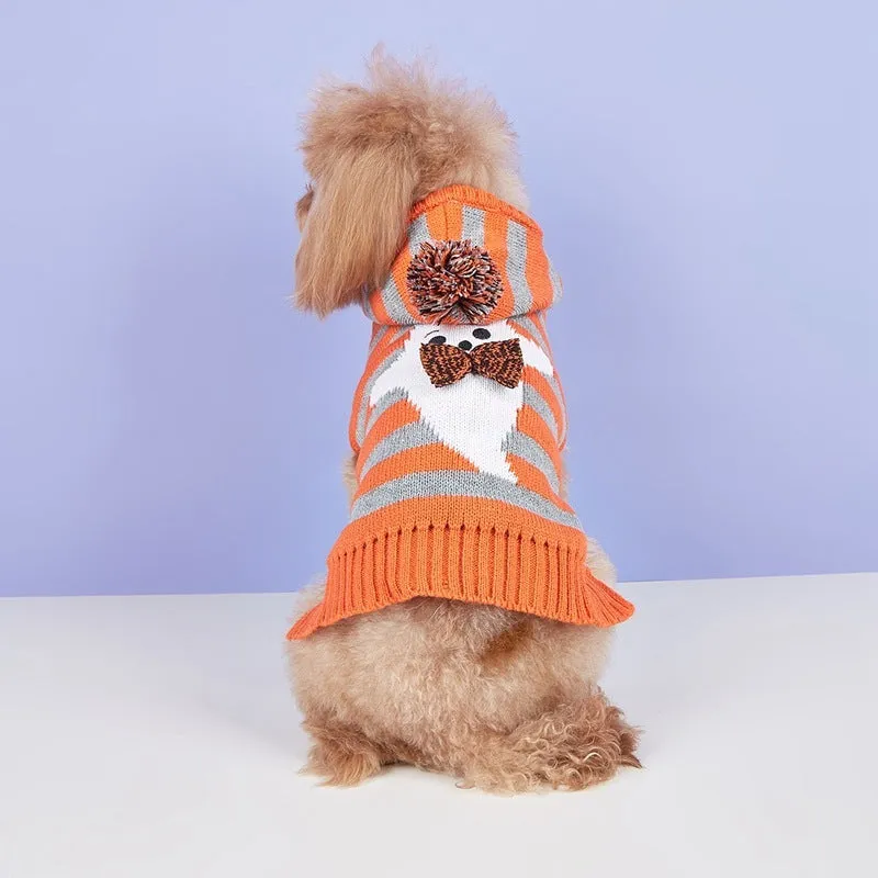 Orange striped knitted pet Halloween sweater with a hood and fur ball decoration for dogs and cats.