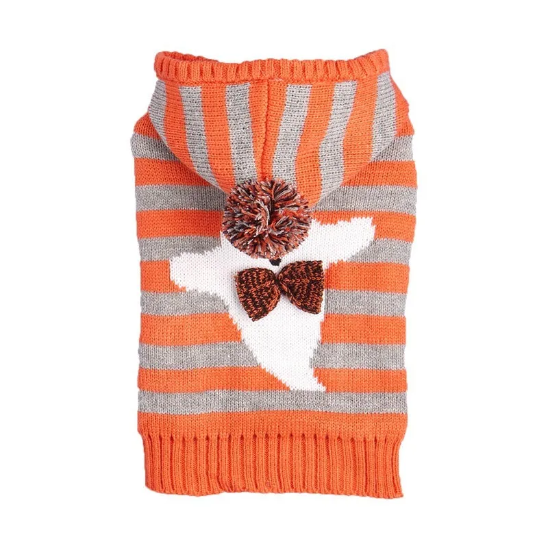 Orange striped knitted pet Halloween sweater with a hood and fur ball decoration for dogs and cats.