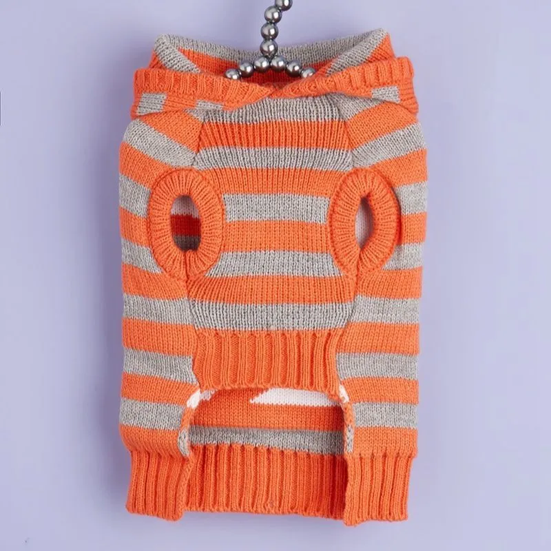 Orange striped knitted pet Halloween sweater with a hood and fur ball decoration for dogs and cats.