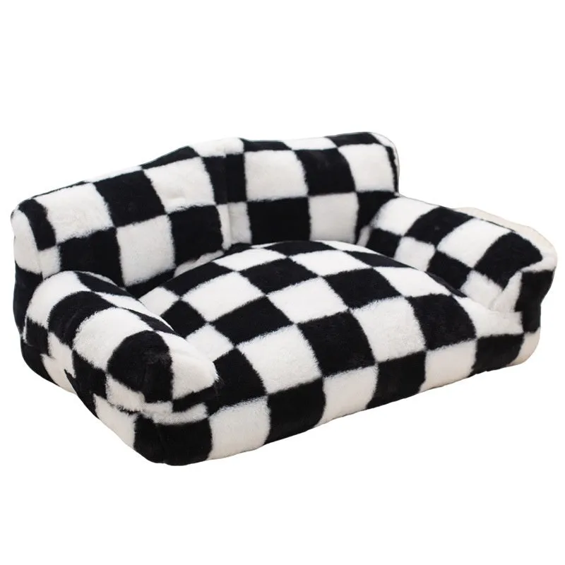 Black and white plaid cloth plush cat nest kennel for small pets