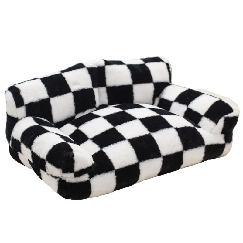 Black and white plaid cloth plush cat nest kennel for small pets
