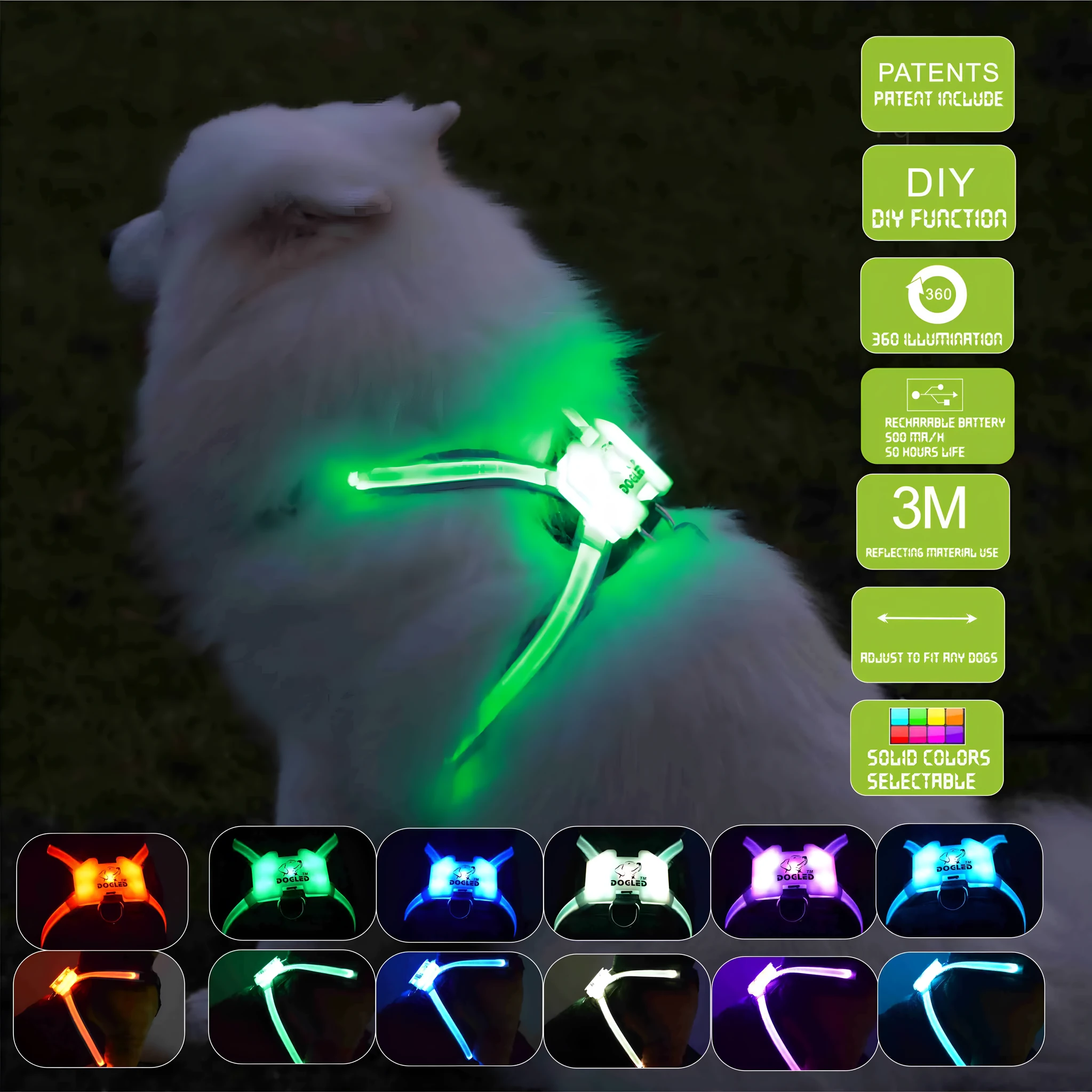 LED dog collar USB rechargeable silicone for dogs with size options S M L XL 2XL