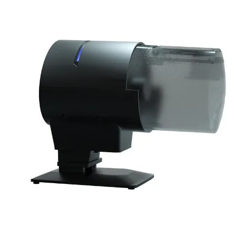 Black plastic automatic aquarium fish feeder with 210ml silo and timer control on tank rim