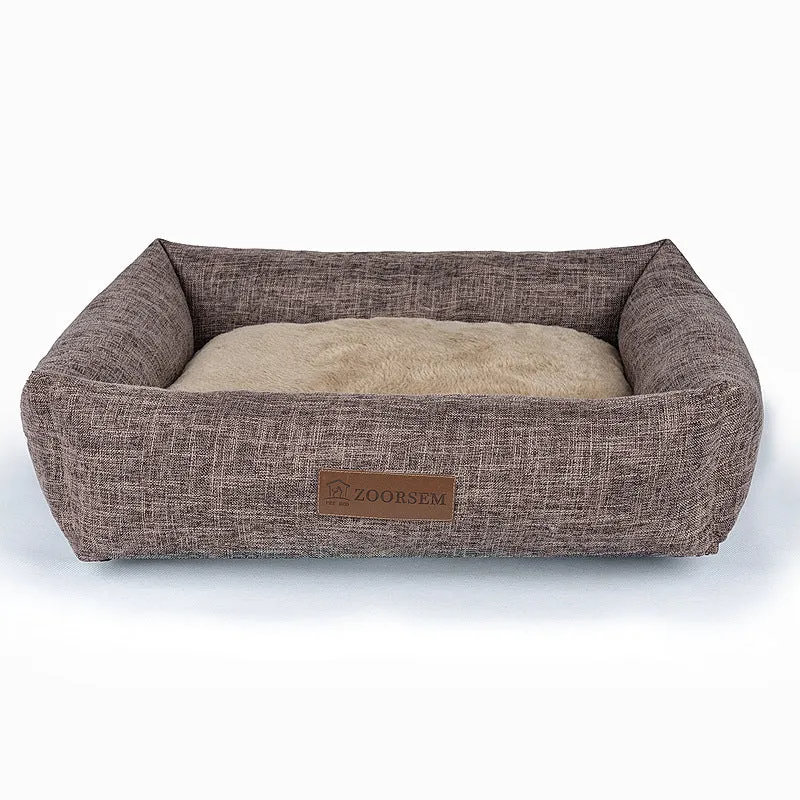 Square linen dog bed in brown plaid pattern showing four size options