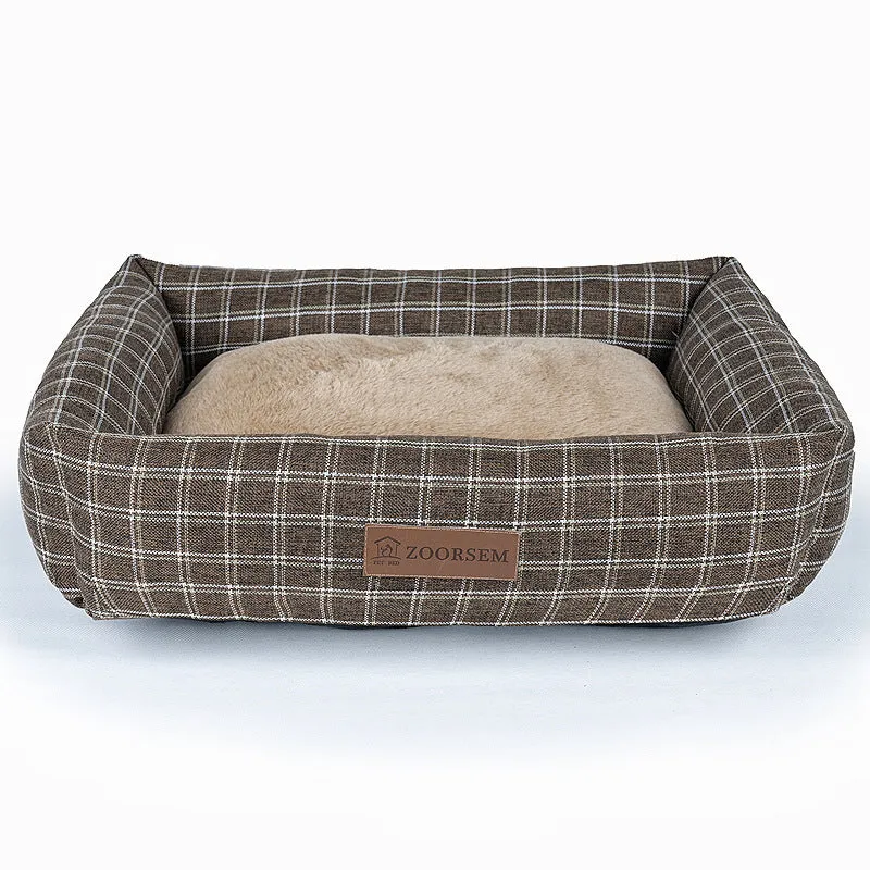 Square linen dog bed in brown plaid pattern showing four size options