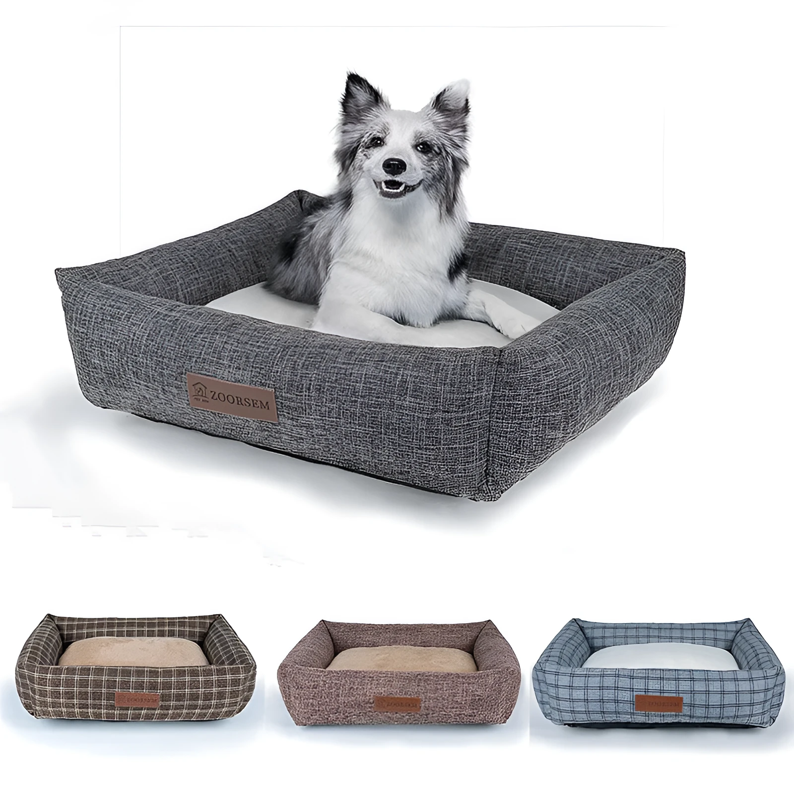 Square linen dog bed in brown plaid pattern showing four size options