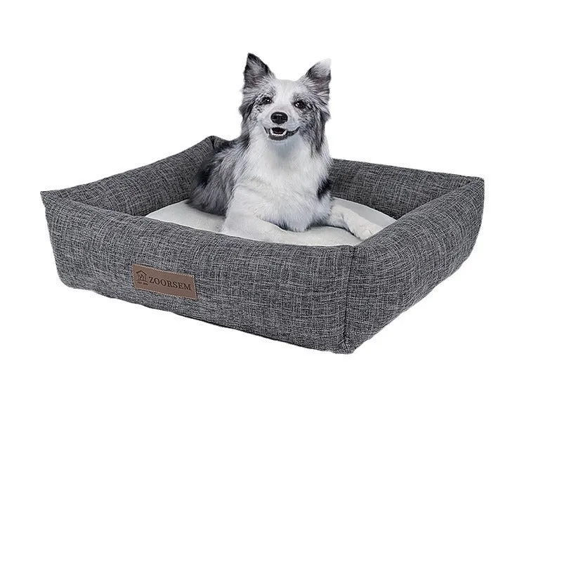 Square linen dog bed in brown plaid pattern showing four size options