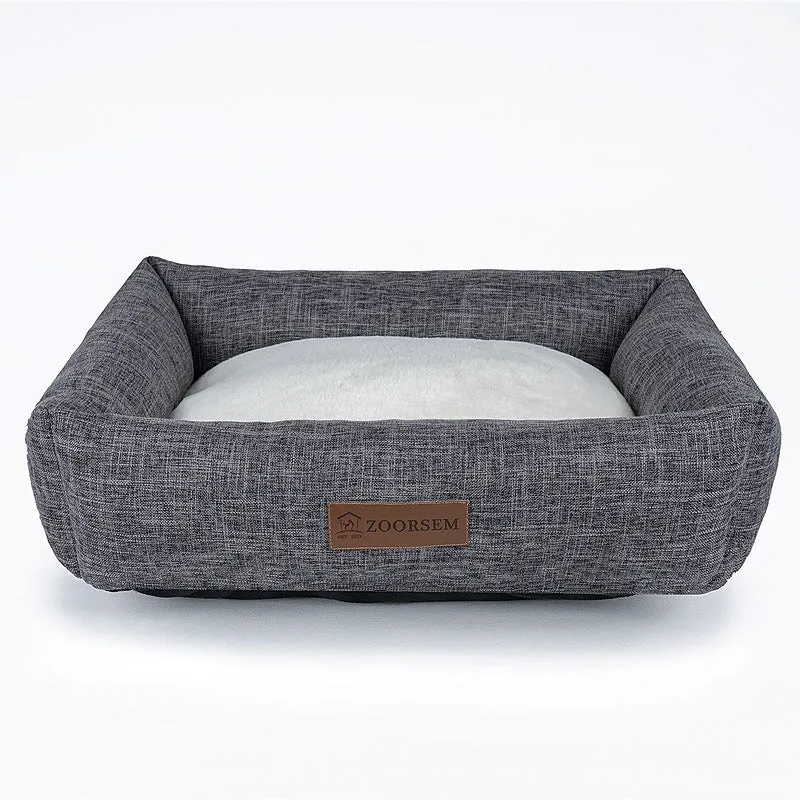 Square linen dog bed in brown plaid pattern showing four size options