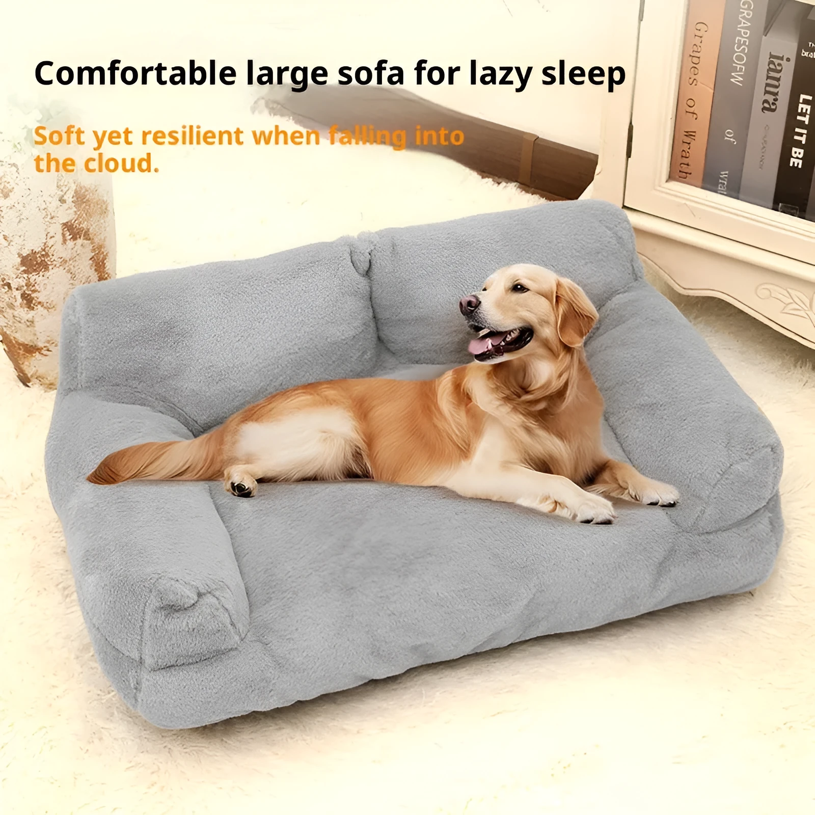 Large rabbit plush pet sofa bed in golden brown for dogs, 75x50x26cm