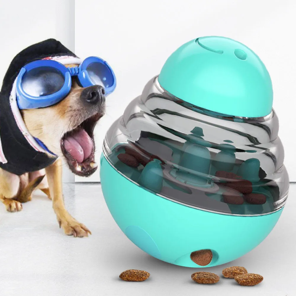 ABS and PC dog toy leaky food ball interactive treat dispenser slow feeder in lake blue with internal maze damper