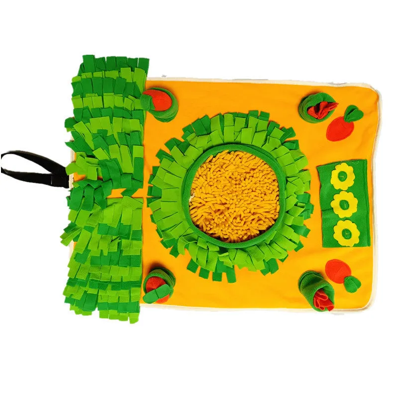 Fleece dog snuffle mat measuring 60 by 80 cm with a carrot pull toy on a cushion-style base for foraging activities