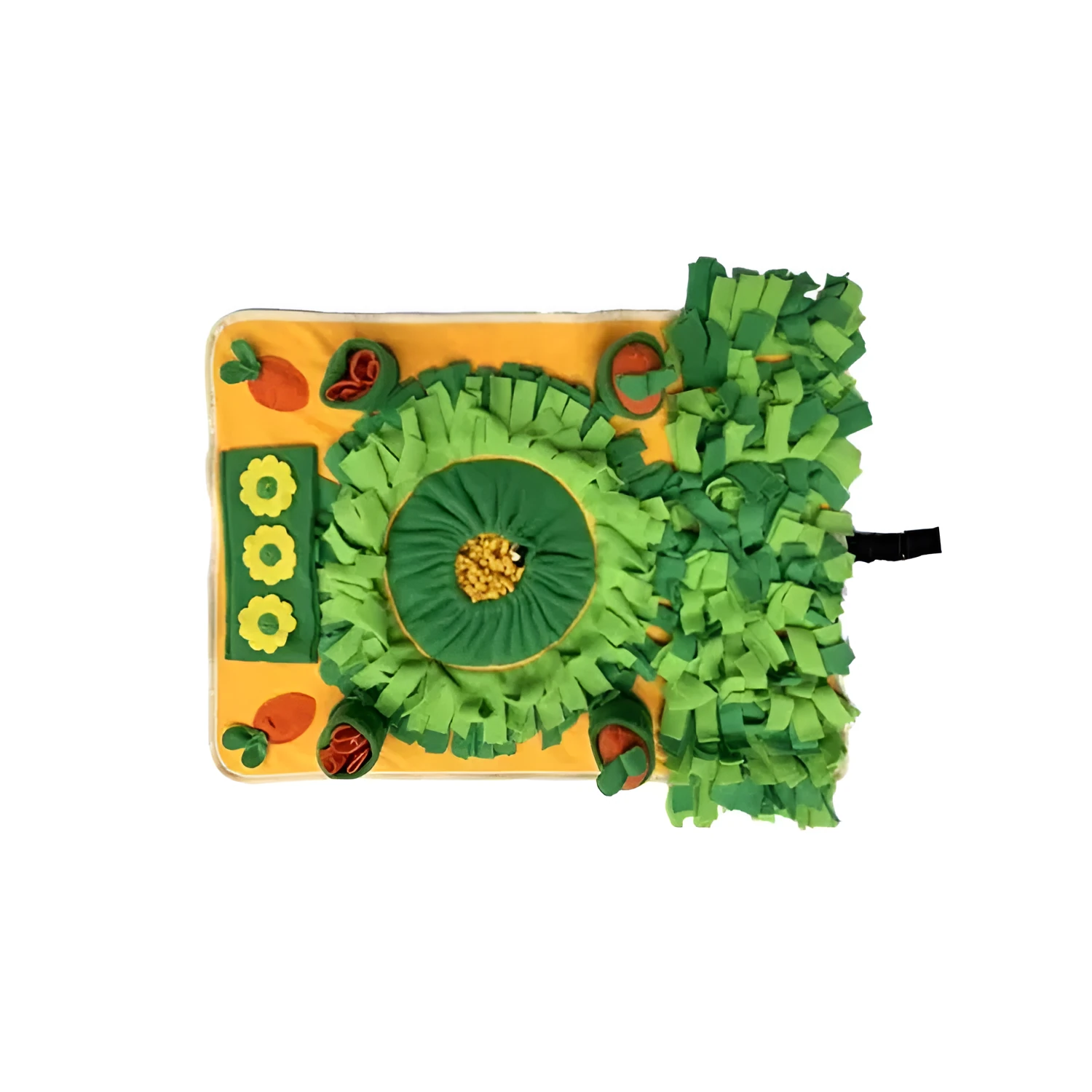 Fleece dog snuffle mat measuring 60 by 80 cm with a carrot pull toy on a cushion-style base for foraging activities