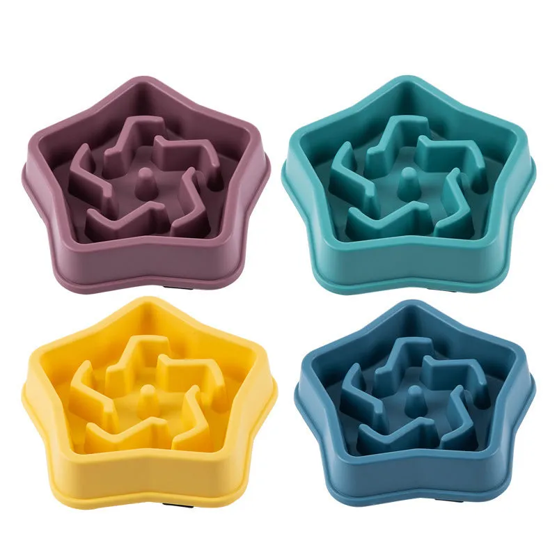 Yellow plastic slow feeding dog bowl with rough textured bottom, diameter 20.1cm