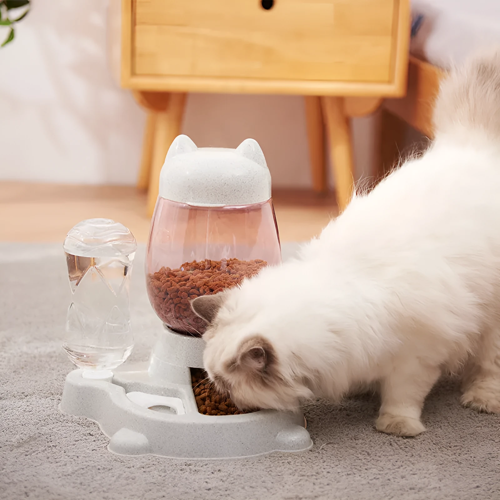 Pet two-in-one automatic gravity feeder for cats and dogs, 30.5cm height, grey colour, with anti-slip base and removable lid