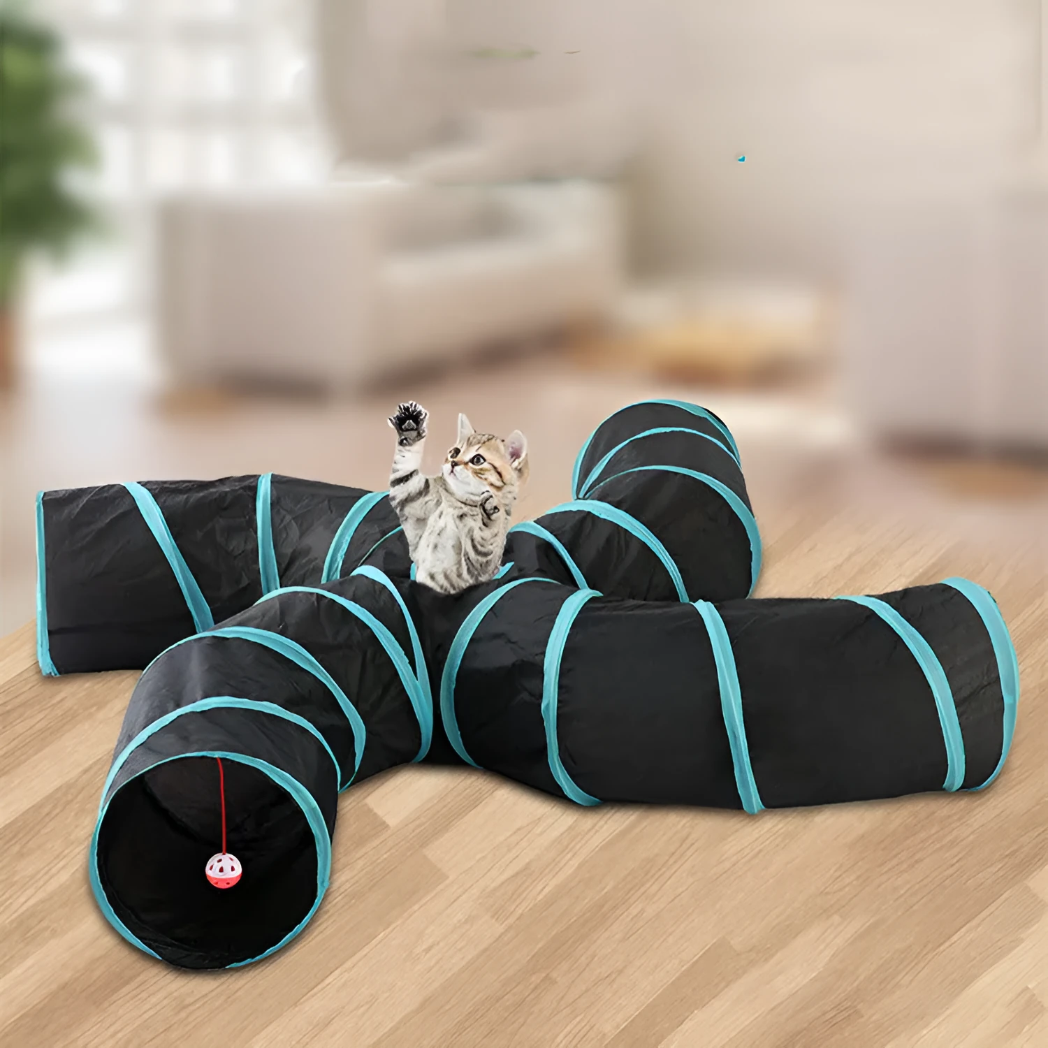 Collapsible S-type four-channel polyester cat tunnel toy for indoor pet play