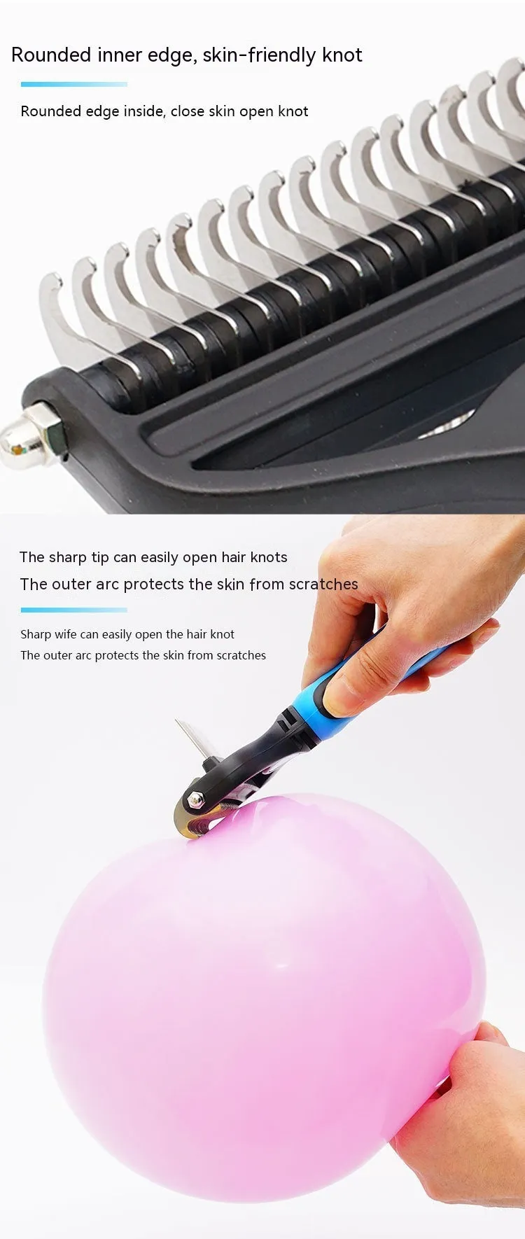 Two-in-one pet hair unknotting comb with stainless steel teeth and ABS TPR handle, available in black, blue, or pink
