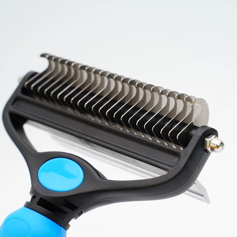 Two-in-one pet hair unknotting comb with stainless steel teeth and ABS TPR handle, available in black, blue, or pink