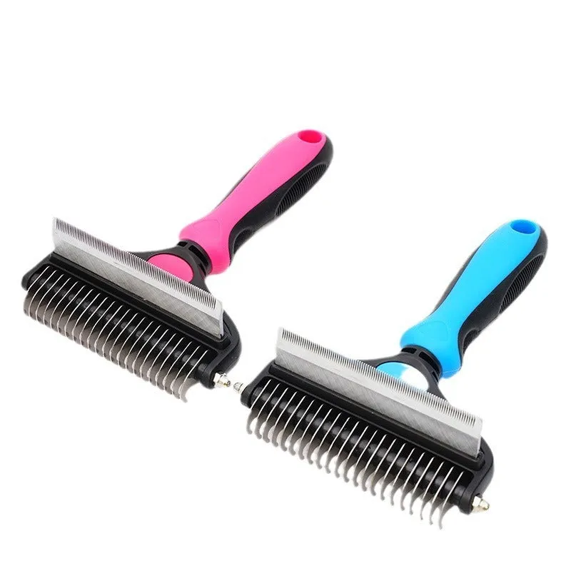 Two-in-one pet hair unknotting comb with stainless steel teeth and ABS TPR handle, available in black, blue, or pink
