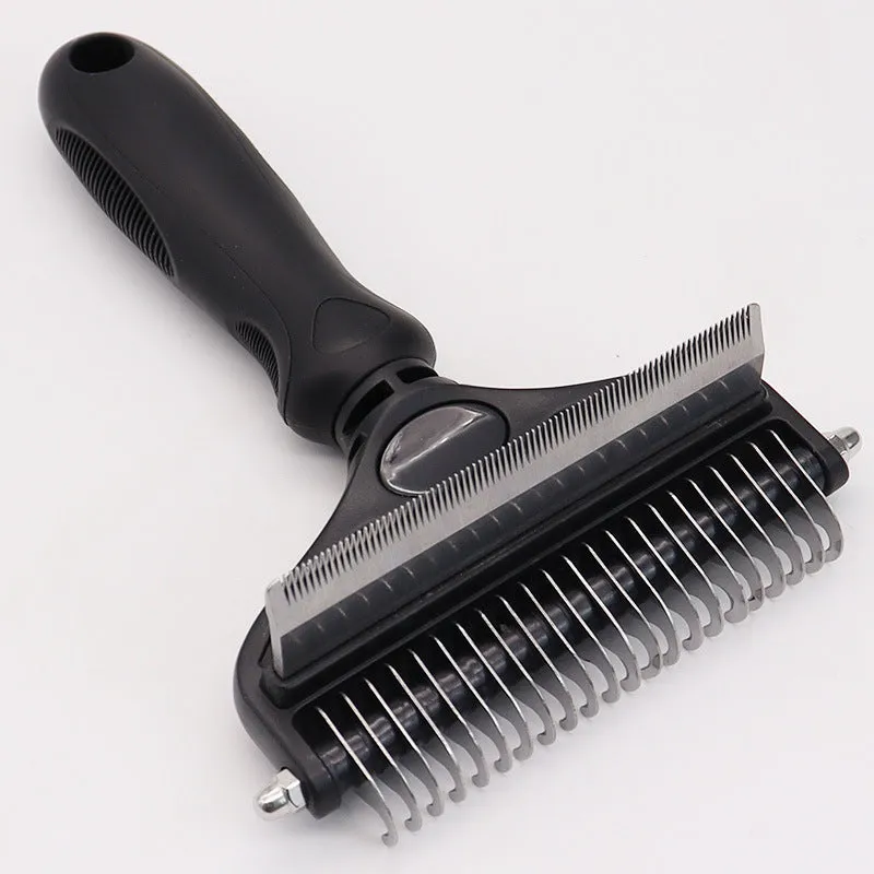 Two-in-one pet hair unknotting comb with stainless steel teeth and ABS TPR handle, available in black, blue, or pink