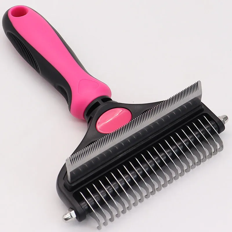 Two-in-one pet hair unknotting comb with stainless steel teeth and ABS TPR handle, available in black, blue, or pink